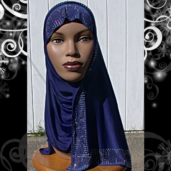 Blue Instant Mona Hijab One Piece Muslim Rhinestone Hijab - Picture 2 of 2